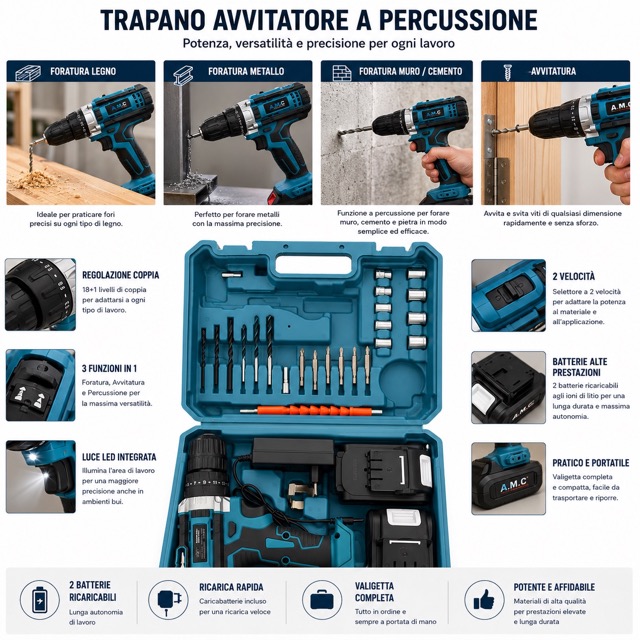 Trapano Avvitatore Batteria 21V 45Nm Max Avvitatore Batteria con 2 Batterie 