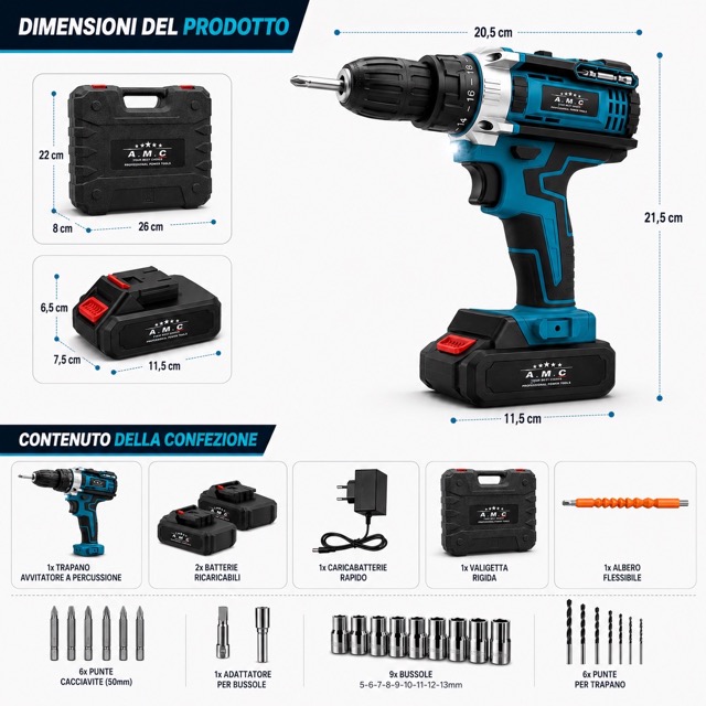 Trapano Avvitatore Batteria 21V 45Nm Max Avvitatore Batteria con 2 Batterie 