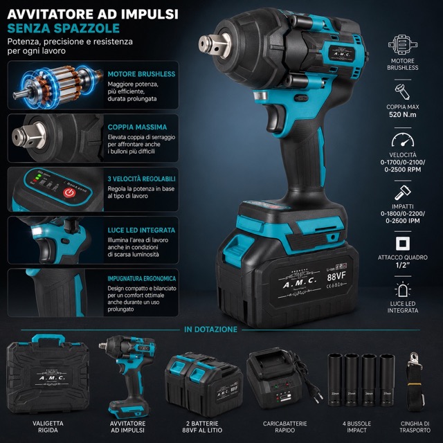 Avvitatore ad Impulsi a Batteria 88V 1000 Nm 1/2 Professionale 