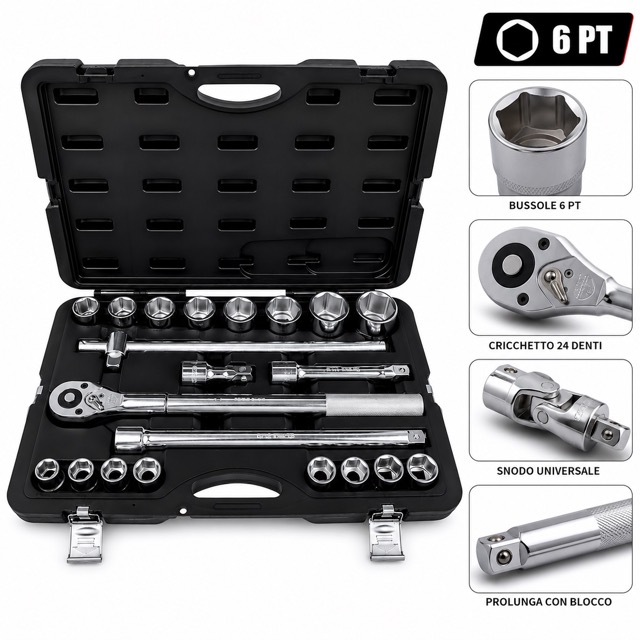 Set Bussole 21 Pezzi 3/4 6 Punte Professionale, Chiavi a Bussola in Acciaio