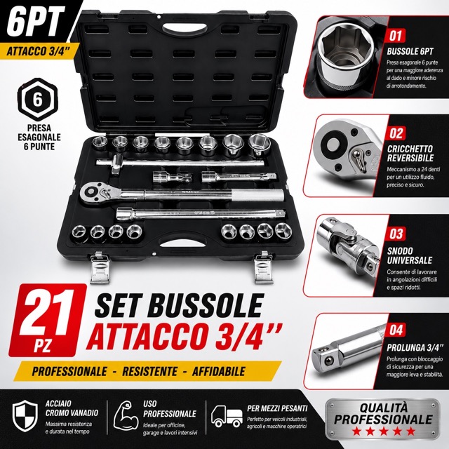 Set Bussole 21 Pezzi 3/4 6 Punte Professionale, Chiavi a Bussola in Acciaio