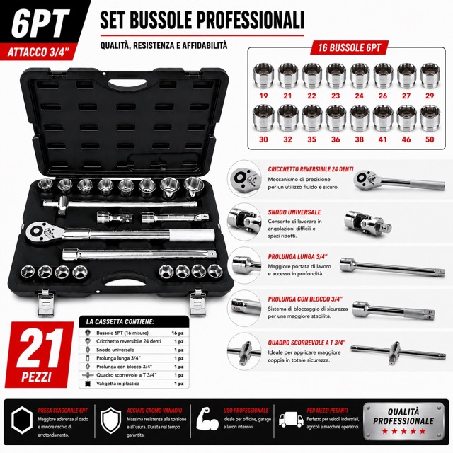 Set Bussole 21 Pezzi 3/4 6 Punte Professionale, Chiavi a Bussola in Acciaio