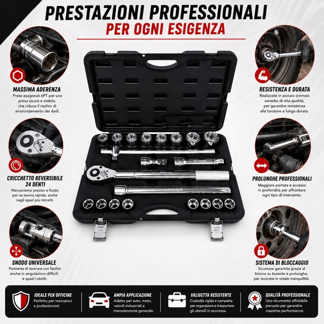 Set Bussole 21 Pezzi 3/4 12 Punte Professionale, Chiavi a Bussola in Acciaio