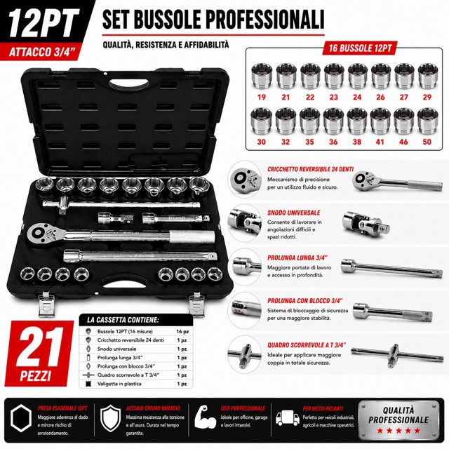 Set Bussole 21 Pezzi 3/4 12 Punte Professionale, Chiavi a Bussola in Acciaio