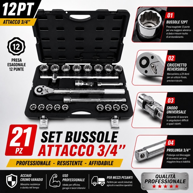 Set Bussole 21 Pezzi 3/4 12 Punte Professionale, Chiavi a Bussola in Acciaio