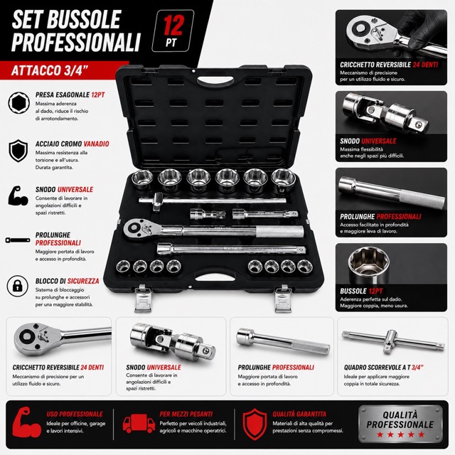 Set Bussole 21 Pezzi 3/4 12 Punte Professionale, Chiavi a Bussola in Acciaio