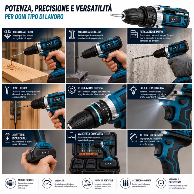 Trapano Avvitatore Batteria 21V 45Nm Max Avvitatore Batteria con 2 Batterie 