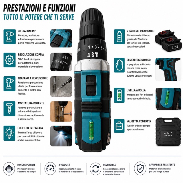 Trapano Avvitatore Batteria 21V 45Nm Max Avvitatore Batteria con 2 Batterie 