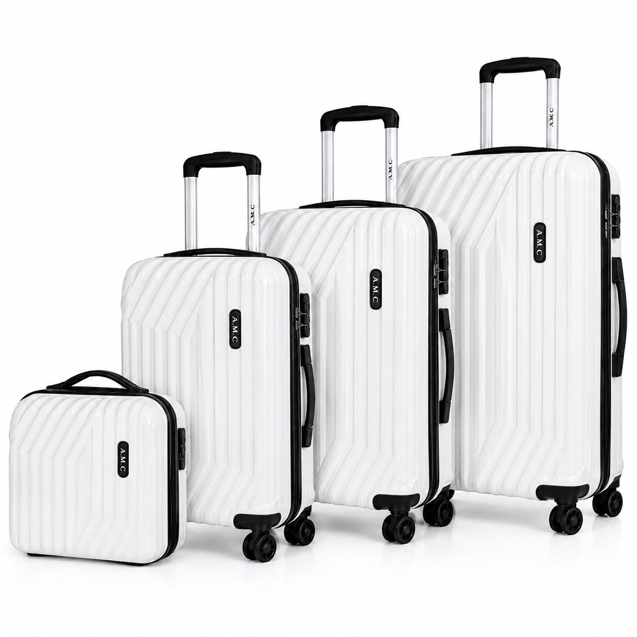 Set 4 valigie da viaggio rigide + beauty case trolley 4 ruote 360 con chiusura .