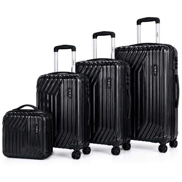 Set 4 valigie da viaggio rigide + beauty case trolley 4 ruote 360 con chiusura .