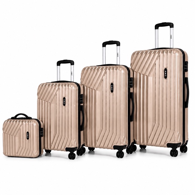 Set 4 valigie da viaggio rigide + beauty case trolley 4 ruote 360 con chiusura .