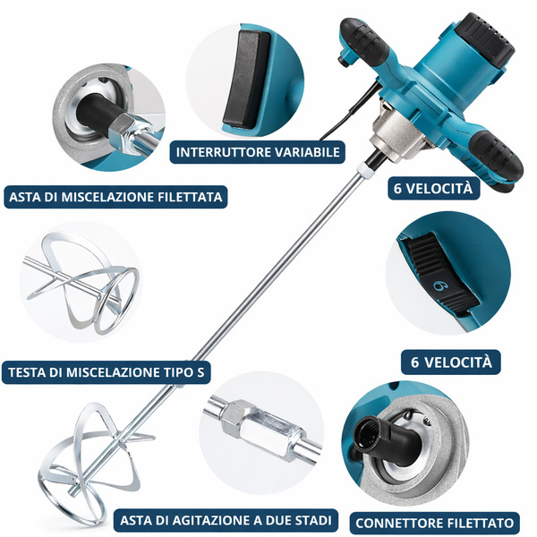 Miscelatore per Malta e Cemento con 6 Velocita' Trapano Agitatore Mescolatore 