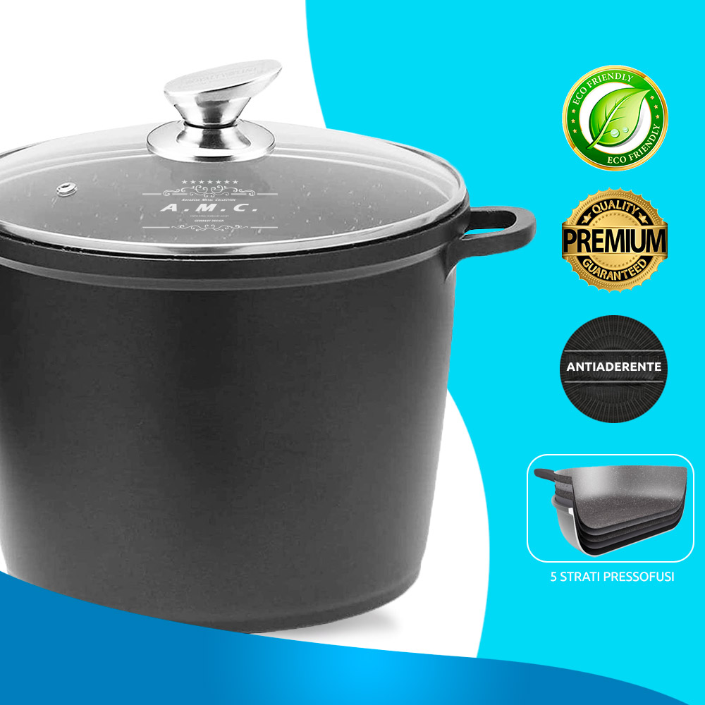 Pentola alta da 24 cm in alluminio pressofuso con coperchio in vetro temperato 