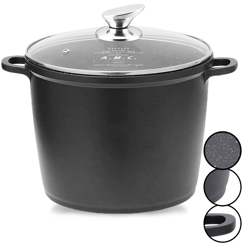 Pentola alta da 24 cm in alluminio pressofuso con coperchio in vetro temperato 