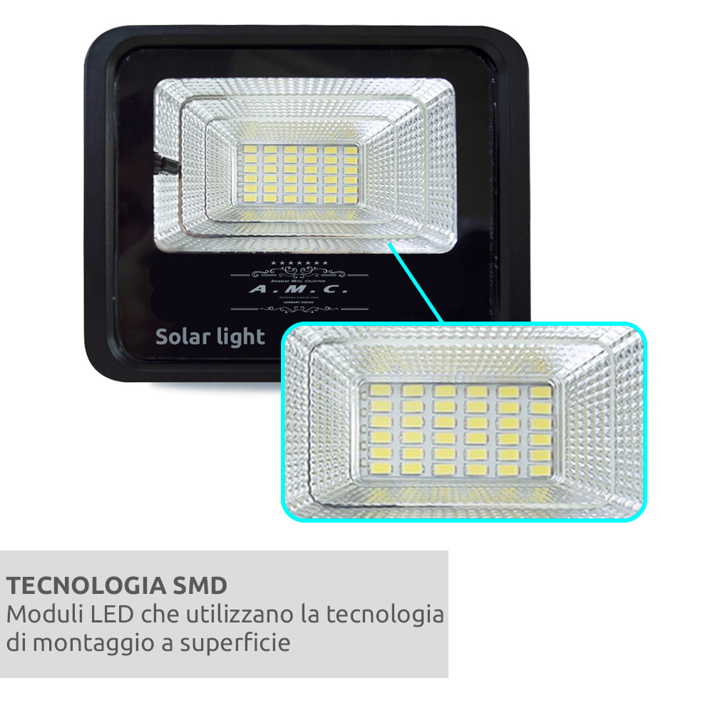Faro a led 200W, automatico con pannello solare e telecomando, IP 67 