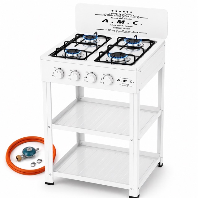 Fornello a gas 4 fuochi con supporto e ripiani cucina a gas piano in acciaio.