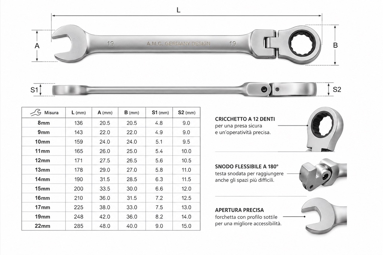 Set Chiavi Combinate a Cricchetto Con Snodo Snodabili 12pz Professionali