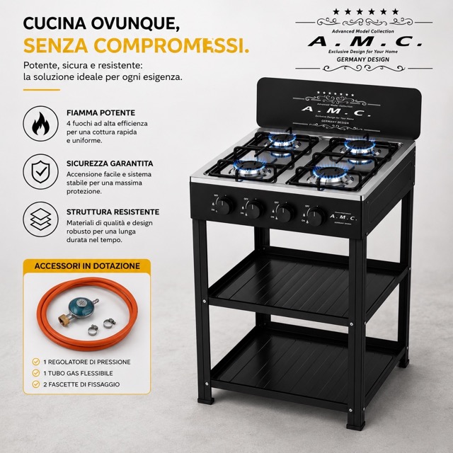 Fornello a Gas 4 Fuochi con Supporto e Ripiani Cucina a Gas Piano in Acciaio