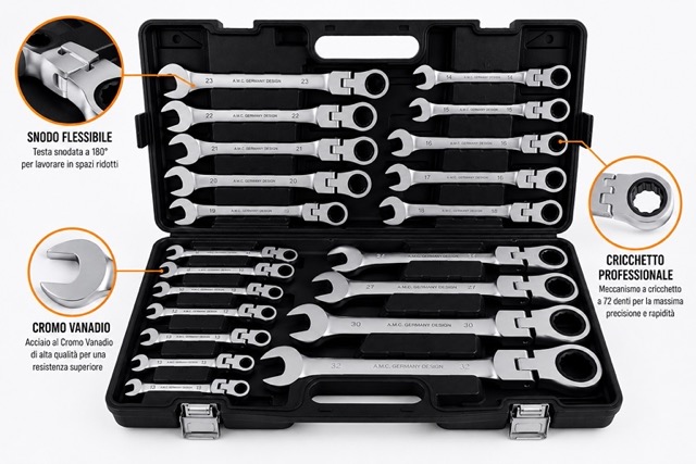 Set Chiavi Combinate a Cricchetto Con Snodo Snodabili 22pz Professionali