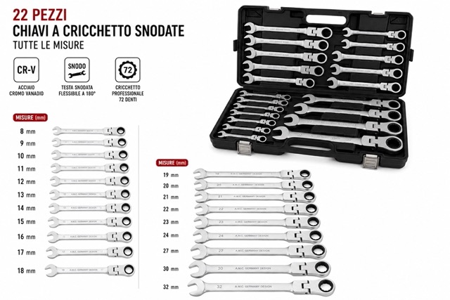 Set Chiavi Combinate a Cricchetto Con Snodo Snodabili 22pz Professionali