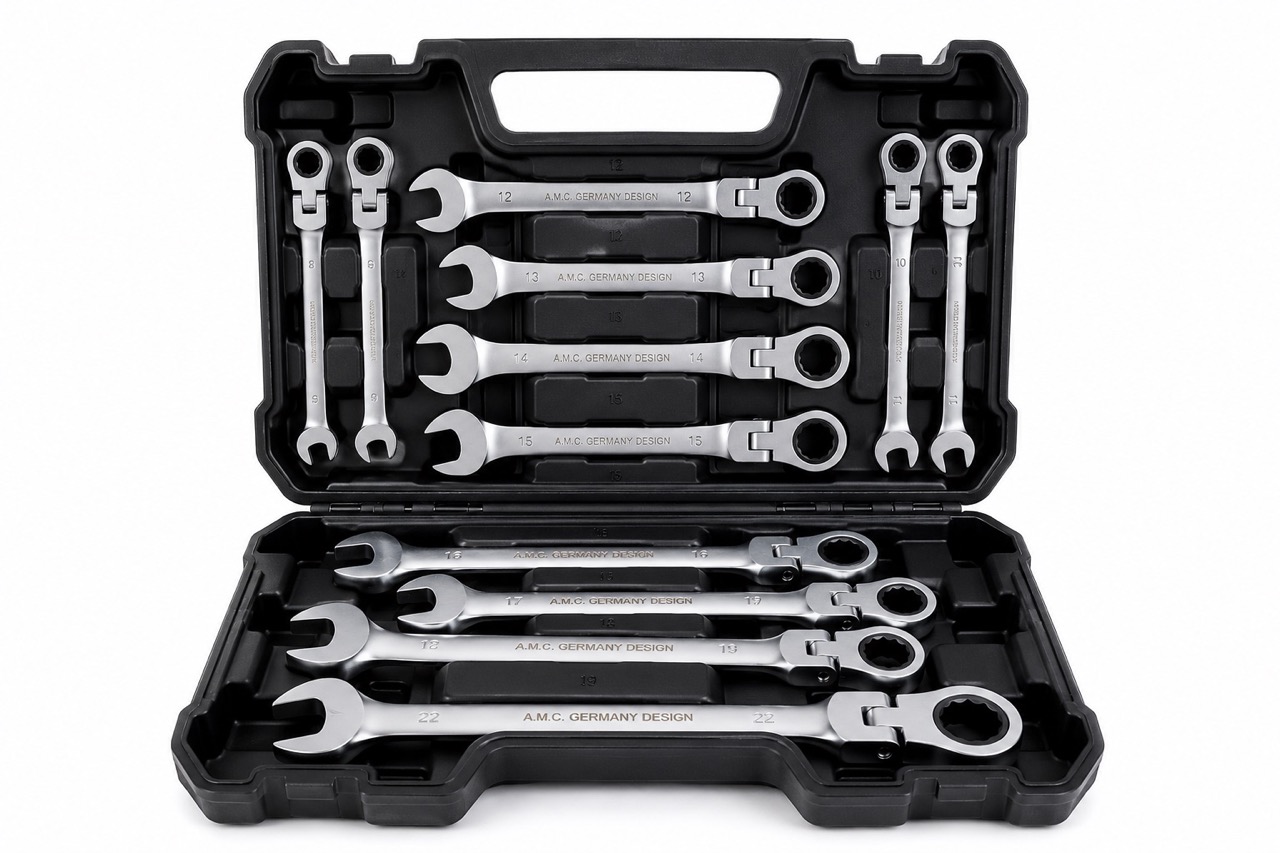 Set chiavi combinate a cricchetto con snodo snodabili 12pz professionali.