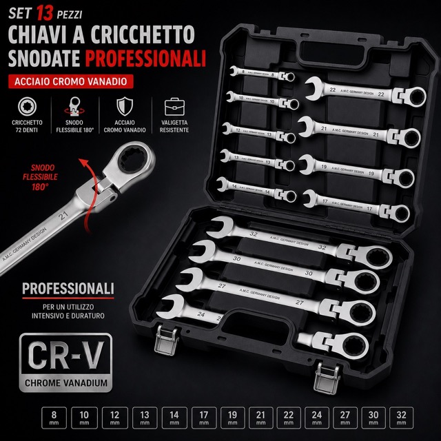 Set Chiavi Combinate a Cricchetto Con Snodo Snodabili 13pz Professionali