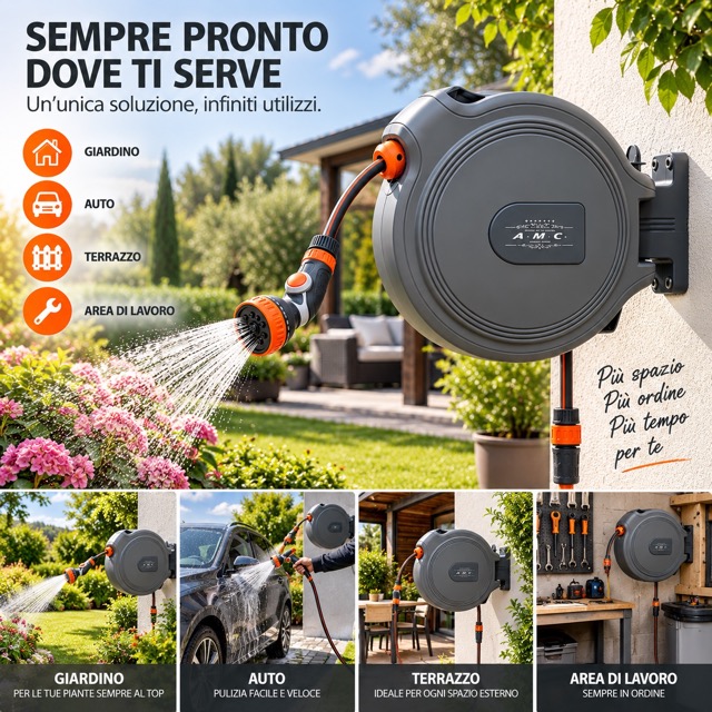 Avvolgitubo Automatico da Parete 25MT Tubo in PVC Staffa a Muro rotabile a 180