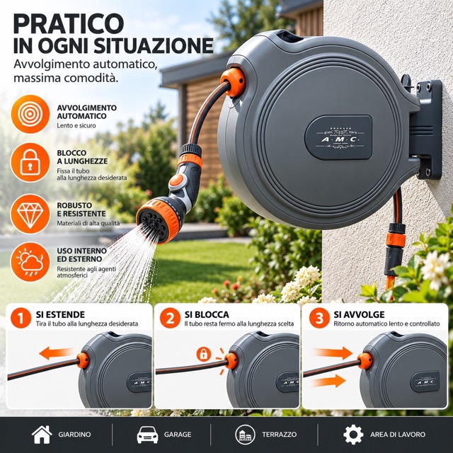 Avvolgitubo Automatico da Parete 25MT Tubo in PVC Staffa a Muro rotabile a 180