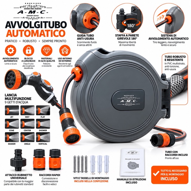Avvolgitubo Automatico da Parete 25MT Tubo in PVC Staffa a Muro rotabile a 180