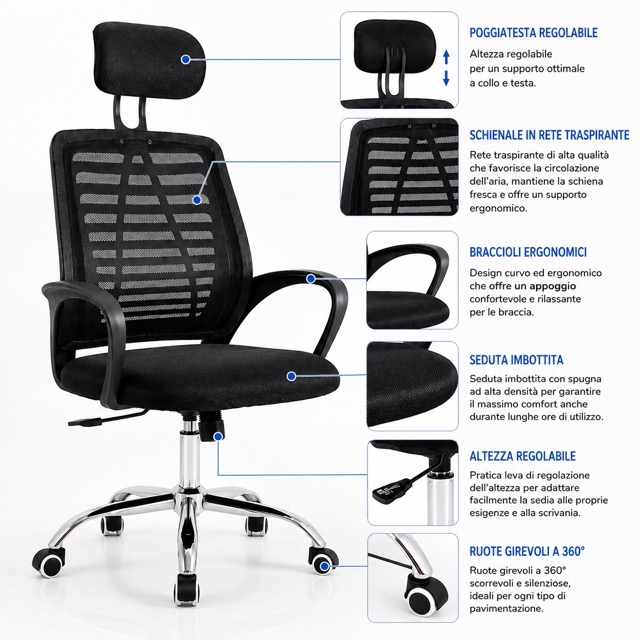 Sedia da Ufficio Ergonomica con Poggiatesta Regolabile Seduta Imbottita Poltrona
