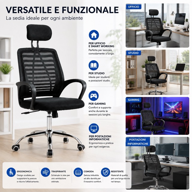 Sedia da Ufficio Ergonomica con Poggiatesta Regolabile Seduta Imbottita Poltrona