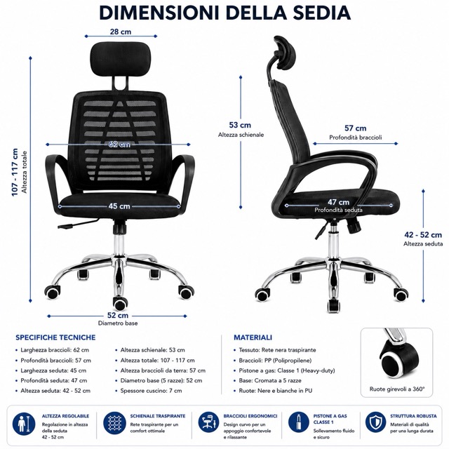 Sedia da Ufficio Ergonomica con Poggiatesta Regolabile Seduta Imbottita Poltrona