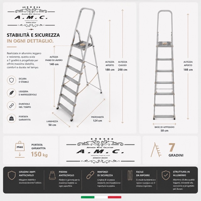 Scala Pieghevole in Alluminio 7 Gradini Piattaforma Antiscivolo Portata 150 KG